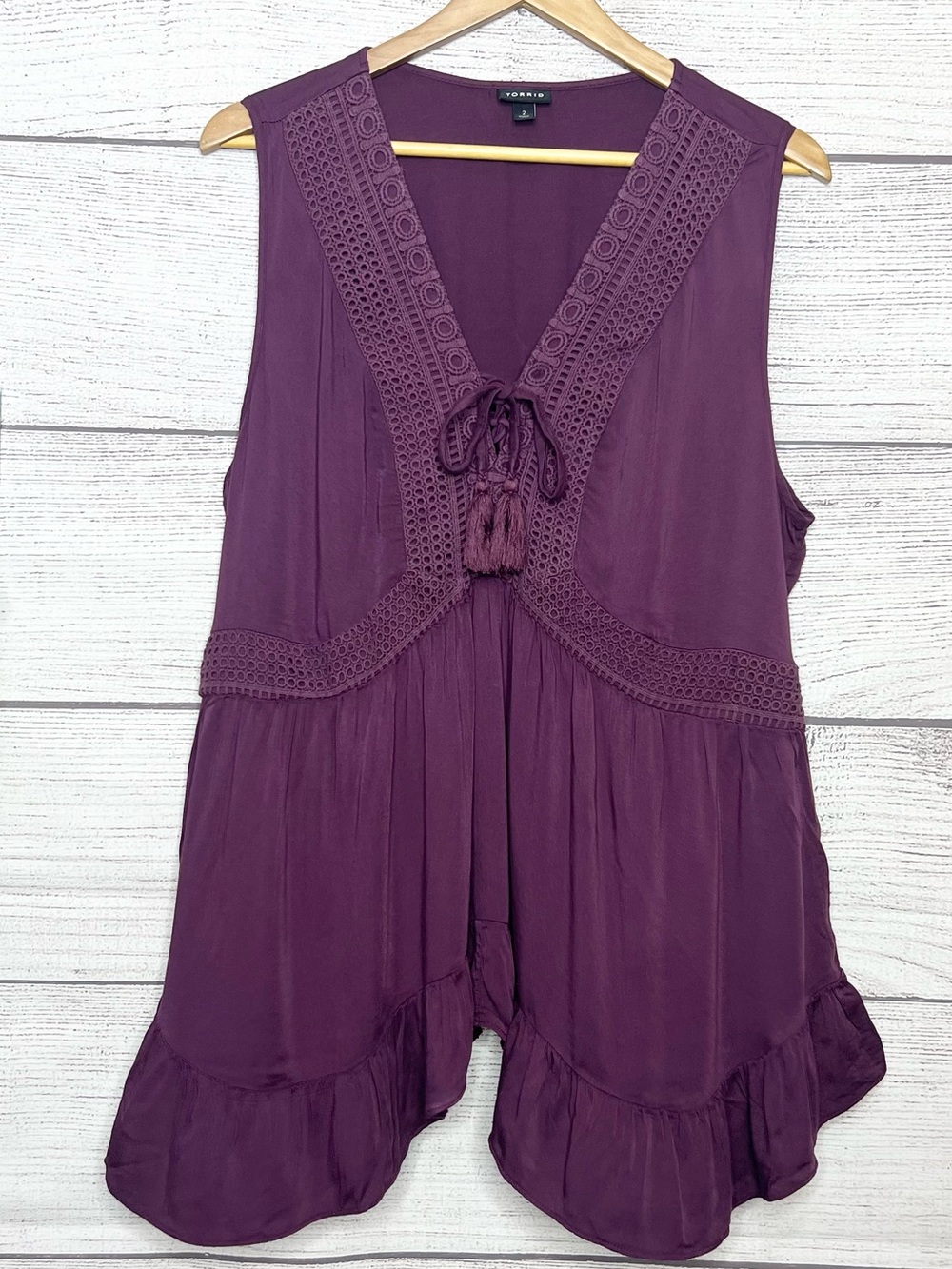 Torrid Plum Purple Crochet Trim Challis Lace Up Tassel V-Neck Babydoll Top 2X